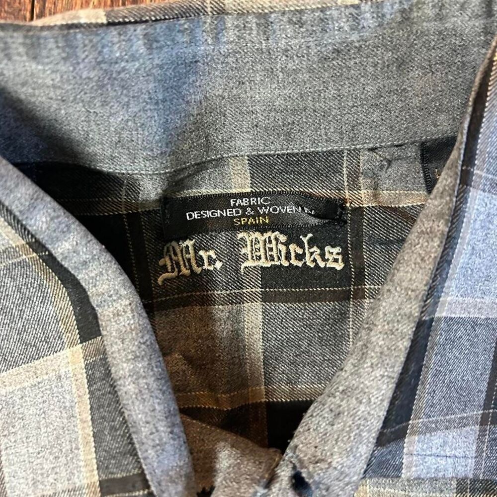 Mens L Mr Wicks Plaid Button Up Shirt Gray Black Long Sleeve Spain Fabric
